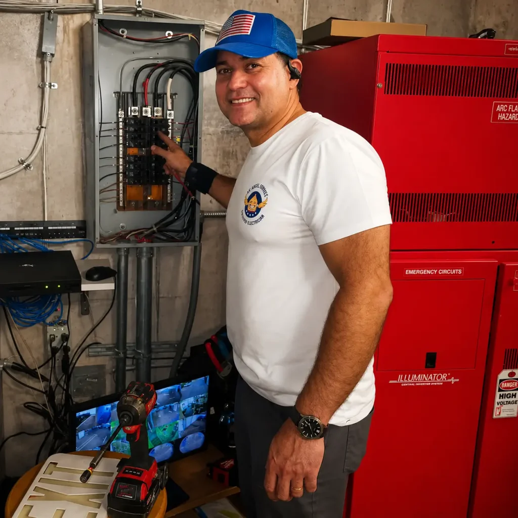 Electrician inspecting an electrical panel during installation or maintenance work in a building.