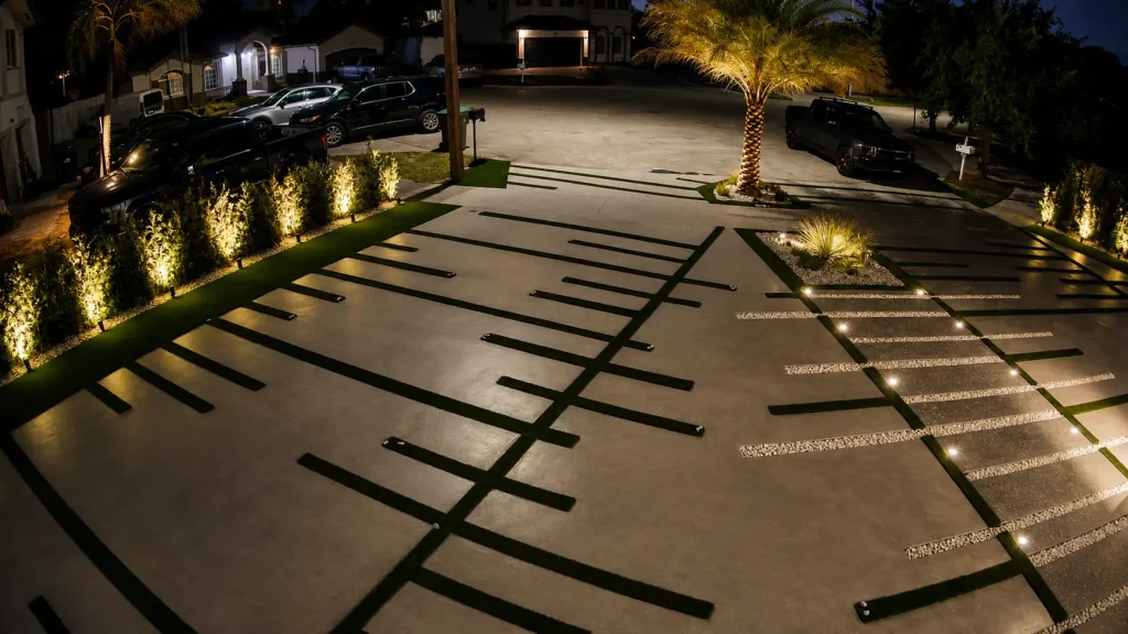 Driveway ground lights installed outdoor lightning service, along a paved yard pathway in a modern Miami home.