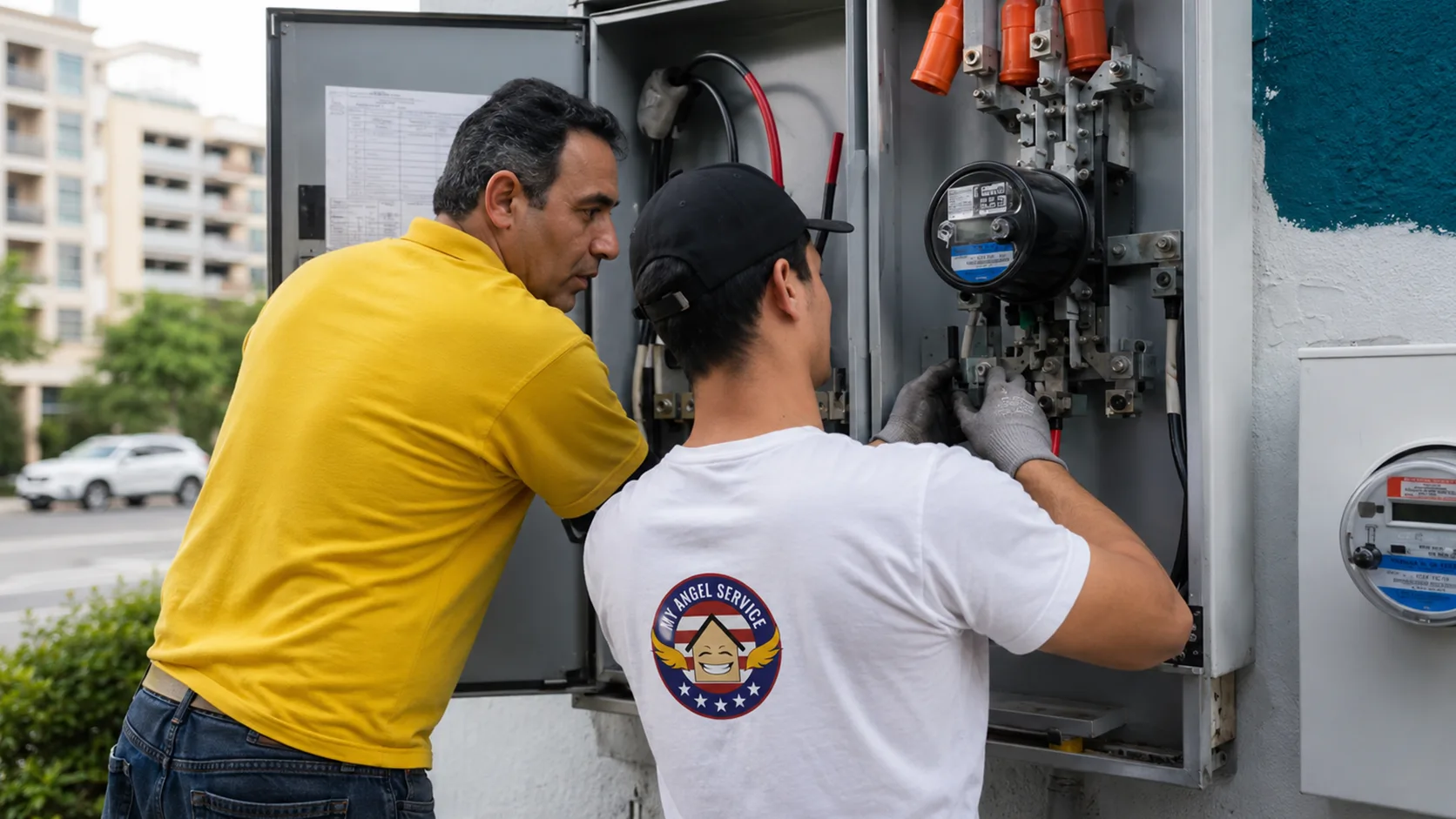 My Angel Service electricians upgrading an electrical panel for Miami code compliance