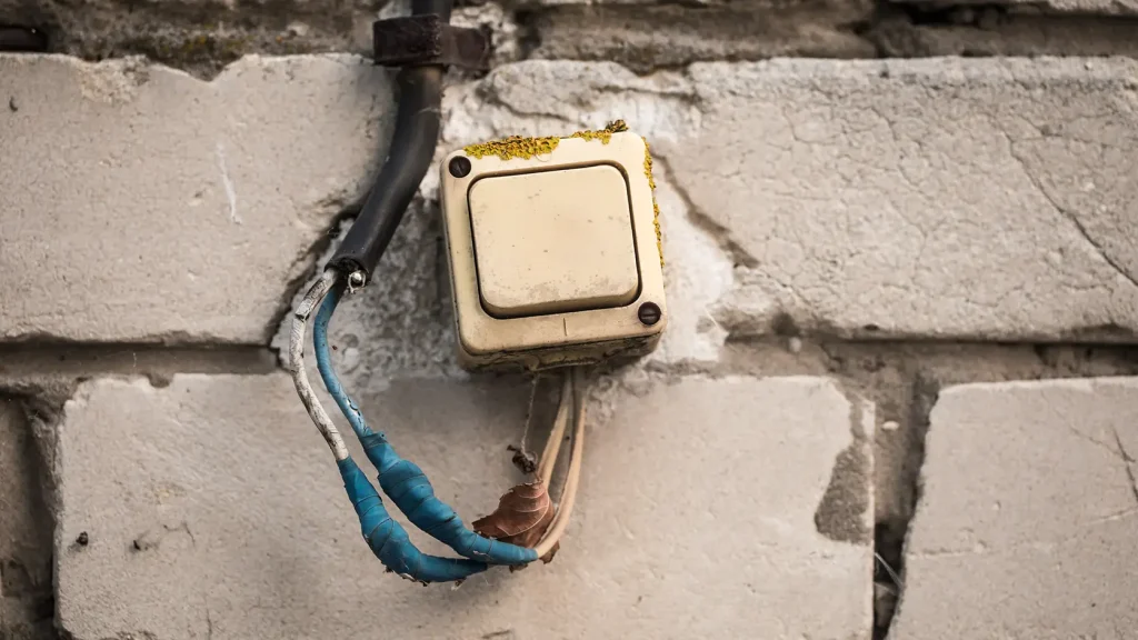 electrical-repair-3 (1) Damaged outdoor electrical wiring connected to a weathered electrical junction box mounted on a cracked concrete wall, showing exposed cables and deteriorated insulation that require repair.