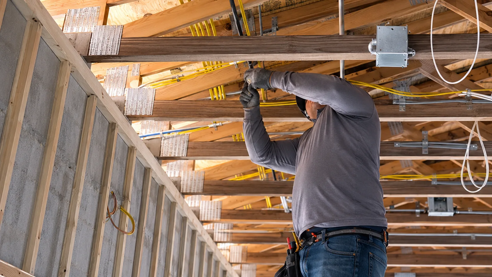 electrical-wiring-3 Electrician performing an electrical wiring installation to improve safety, reliability, and code compliance.
