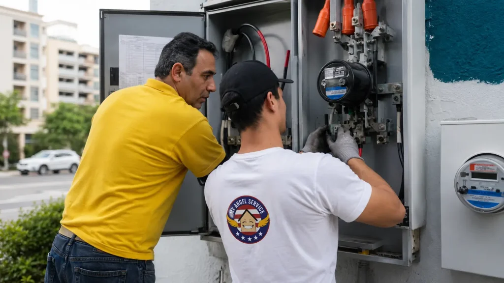 emergency hero Technician inspecting and servicing a commercial electrical panel while explaining the system to a client on-site. An open electrical cabinet with wiring and meters is visible, highlighting a professional commercial electrical inspection.