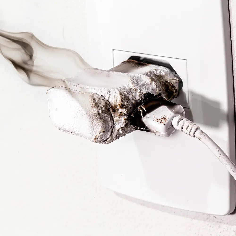 urned electrical outlet caused by an electrical emergency in Miami, showing visible heat and fire damage.
