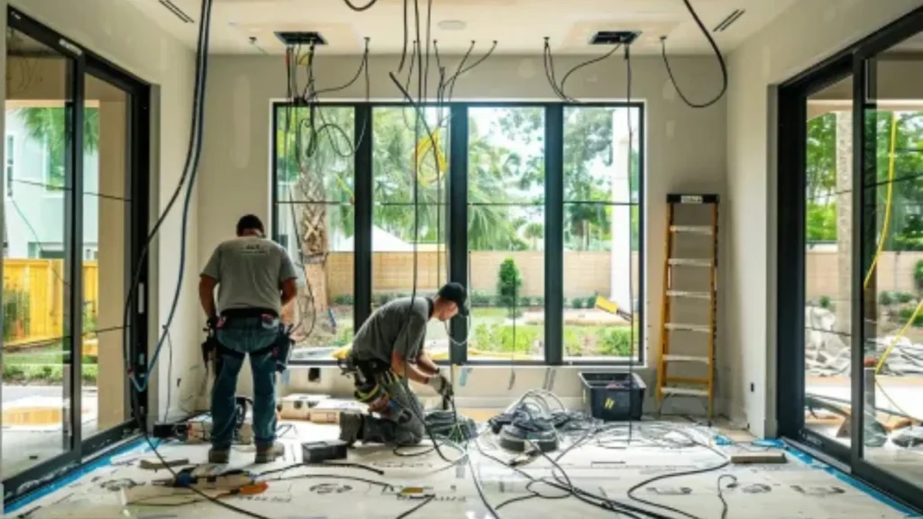 wiring and rewiring wo professional electricians in Miami Beach working on wiring and rewiring services inside a modern home, ensuring safe and efficient electrical connections with precise attention to detail.