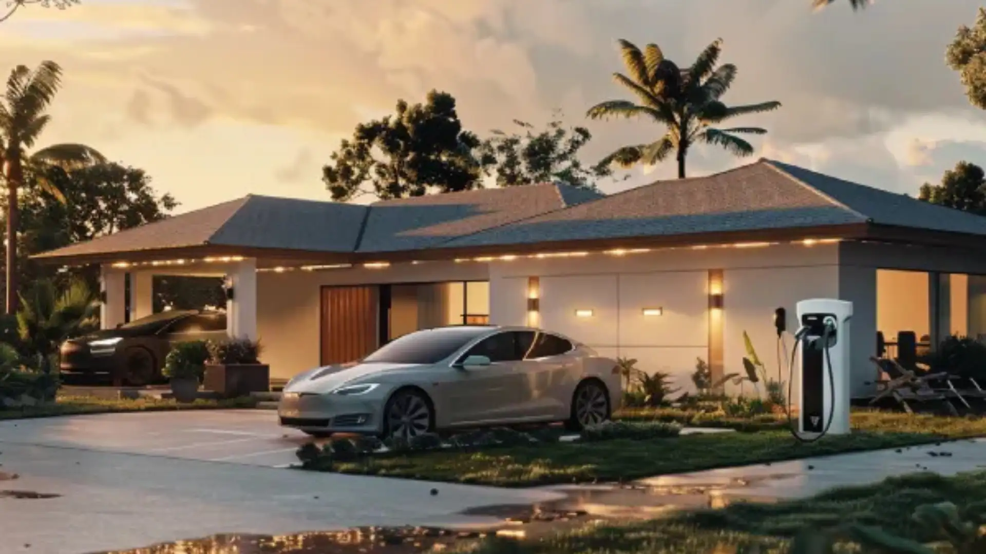 EV charger installed outside a modern Miami home with an electric vehicle parked in the driveway at sunset.