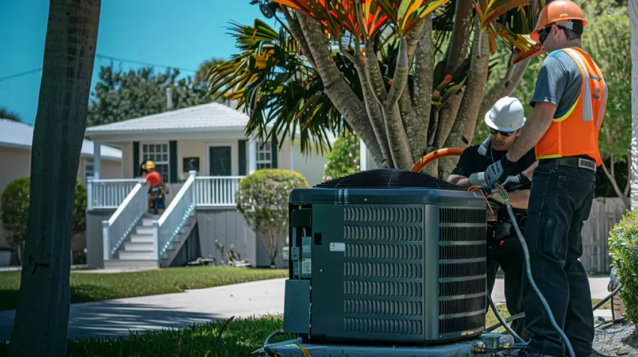 Installation-of-a-Backup-Generator-in-Miami Two electrical technicians wearing safety helmets and high-visibility vests work on an outdoor HVAC condenser unit beside a residential home. One technician connects electrical cables while another worker is visible in the background near the house entrance, suggesting an ongoing electrical installation or backup power project.