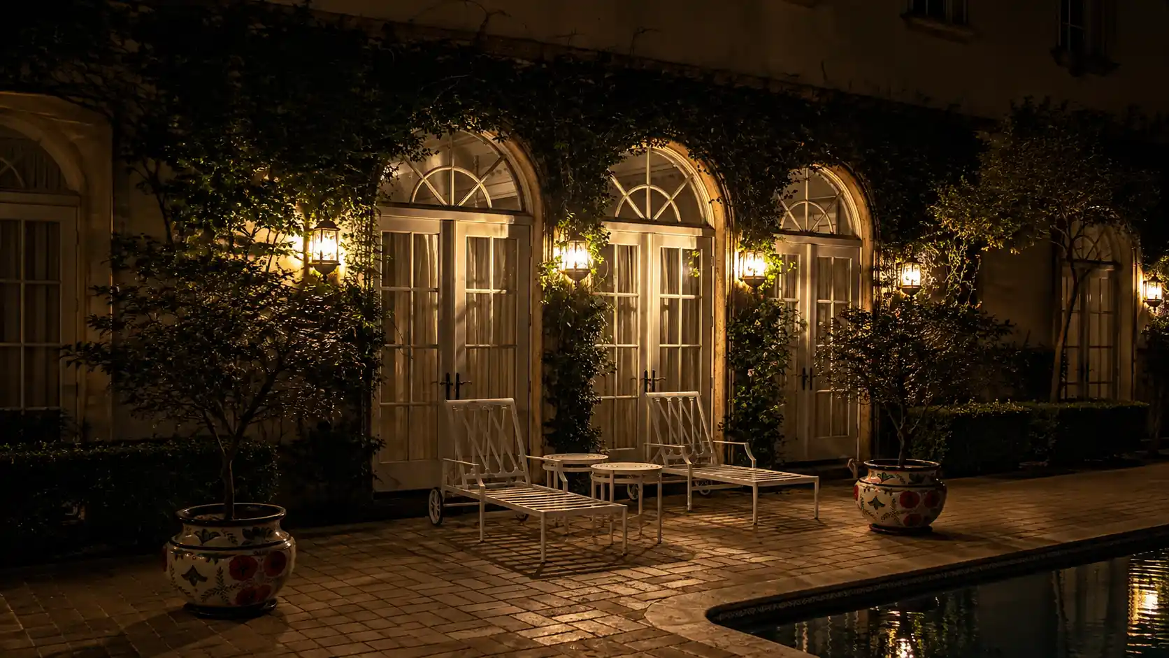 Outdoor lighting installation illuminating a poolside patio, exterior walls and landscaped areas
