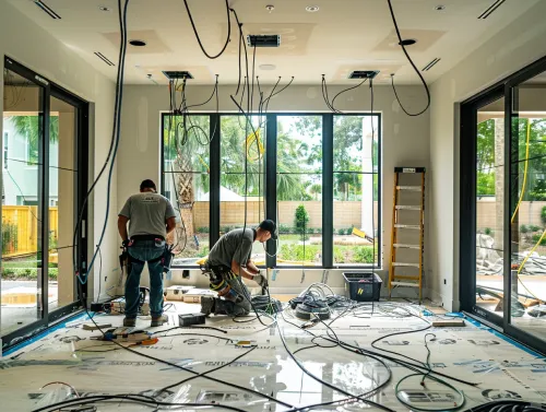 Professional-Electricians-Performing-Wiring-and-Rewiring-Services-in-Miami-Beach Two professional electricians working on wiring and rewiring services inside a modern home, ensuring safe and efficient electrical connections with precise attention to detail.