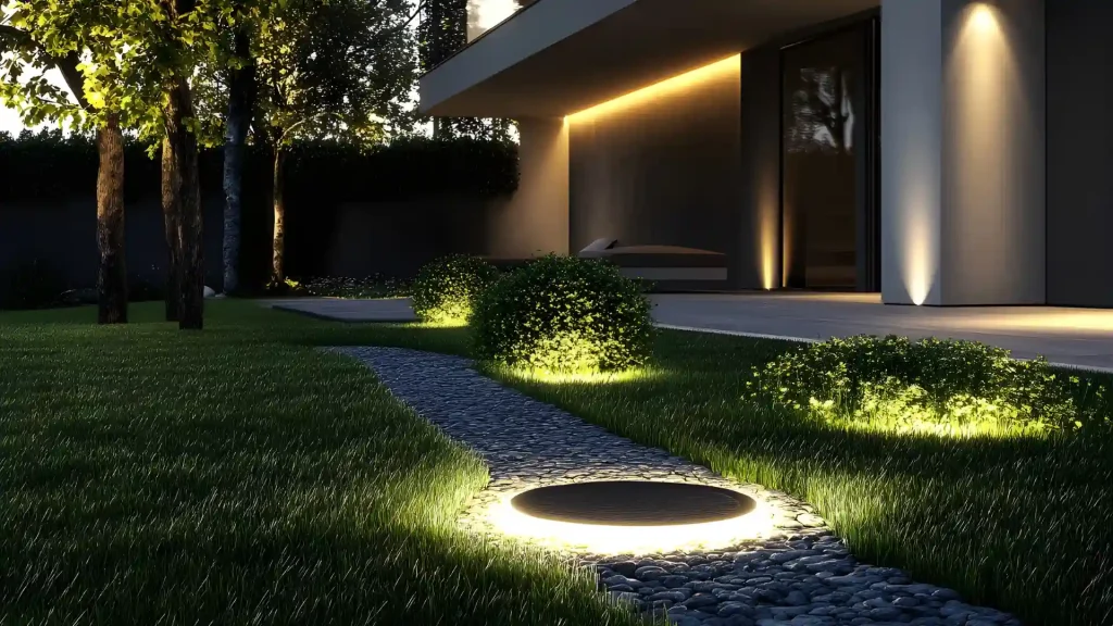 Modern home with architectural facade lighting installation highlighting exterior walls and design features