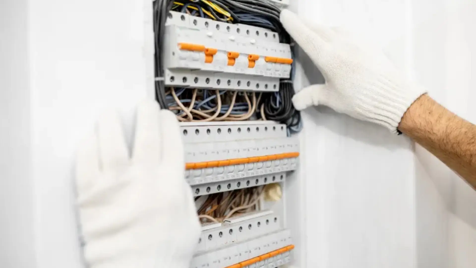 brakers and panel Electrician working on a circuit breaker panel during an electrical service in Miami.