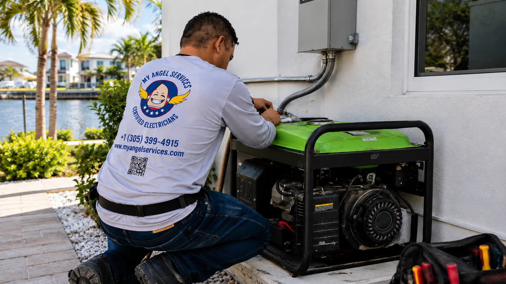 electrical generator 2 Professional electrician installing a portable backup generator outside a modern Miami home. The technician is connecting the generator to an automatic transfer switch while wearing a branded work shirt, with palm trees, waterfront views, and professional tools in the background.