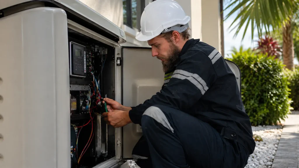 electrical generator 5 Professional electrician performing maintenance on a whole-home standby backup generator outside a modern Miami residence. The technician inspects the generator's internal electrical components while wearing safety gear in a tropical residential setting.