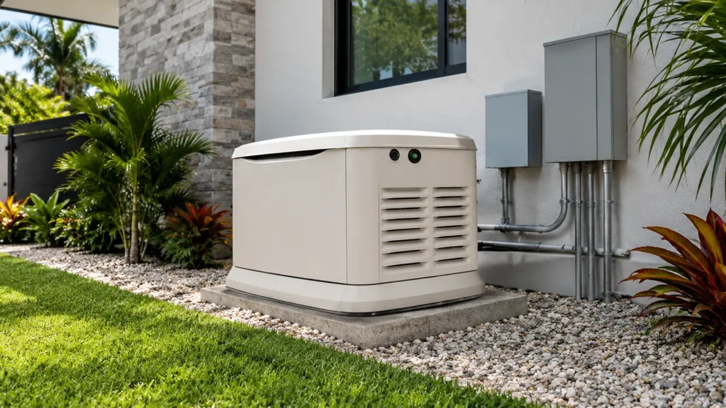 electrical generator 6 Whole-home standby backup generator installed beside a modern residential home with tropical landscaping. The generator sits on a concrete pad next to the exterior electrical service panels, surrounded by decorative gravel, lush plants, and a well-maintained lawn.