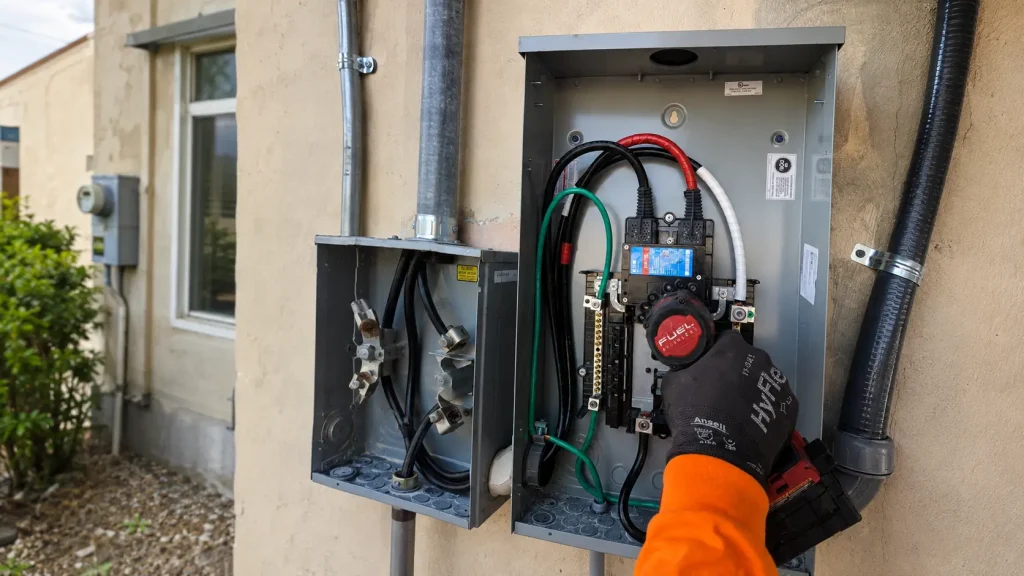 electrical panel repairs in miami Electrical panel repair in Miami, with a technician servicing an open exterior panel and its internal wiring.