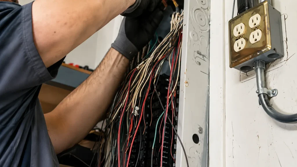electrical panel replacement Electrician working on an electrical panel installation and replacement, with loose wiring exposed during the upgrade process.