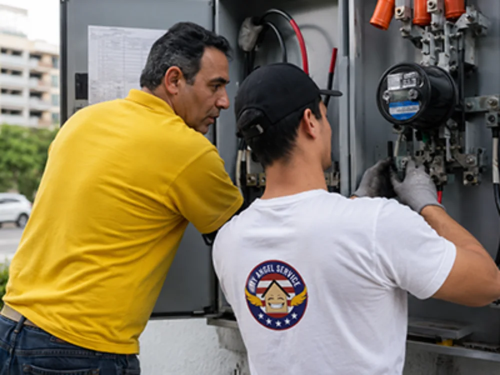My Angel Service electricians in Miami repairing a commercial electrical panel