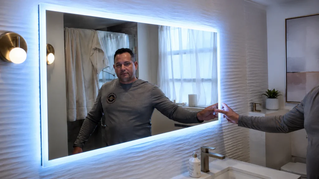 lights instalation bathdroom Electrician testing an illuminated LED bathroom mirror after installation in a Miami home.