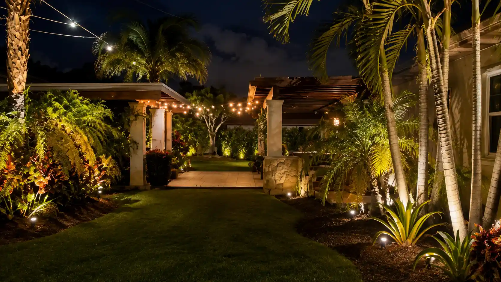 Outdoor lighting installation in a tropical backyard with landscape uplighting, pathway lights and illuminated patio areas at night