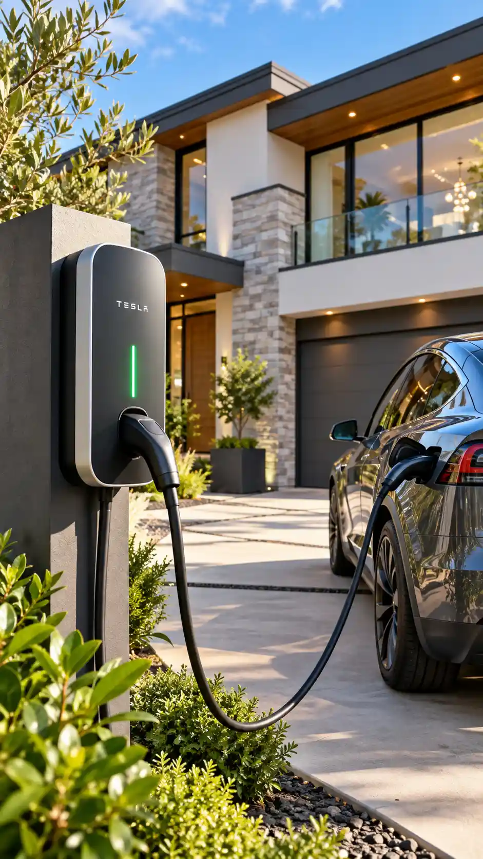 EV charger installed in the foreground outside a modern two-story home, with an electric car plugged in at the driveway entrance.