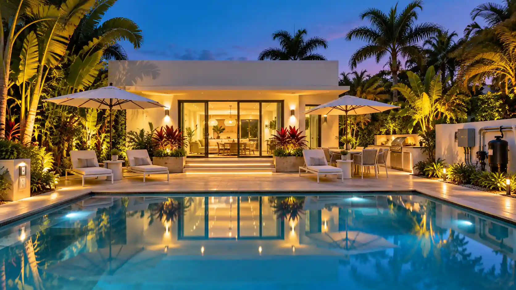 Modern tropical home with illuminated patio and pool at dusk, featuring lounge chairs, umbrellas, and landscaped outdoor living space.