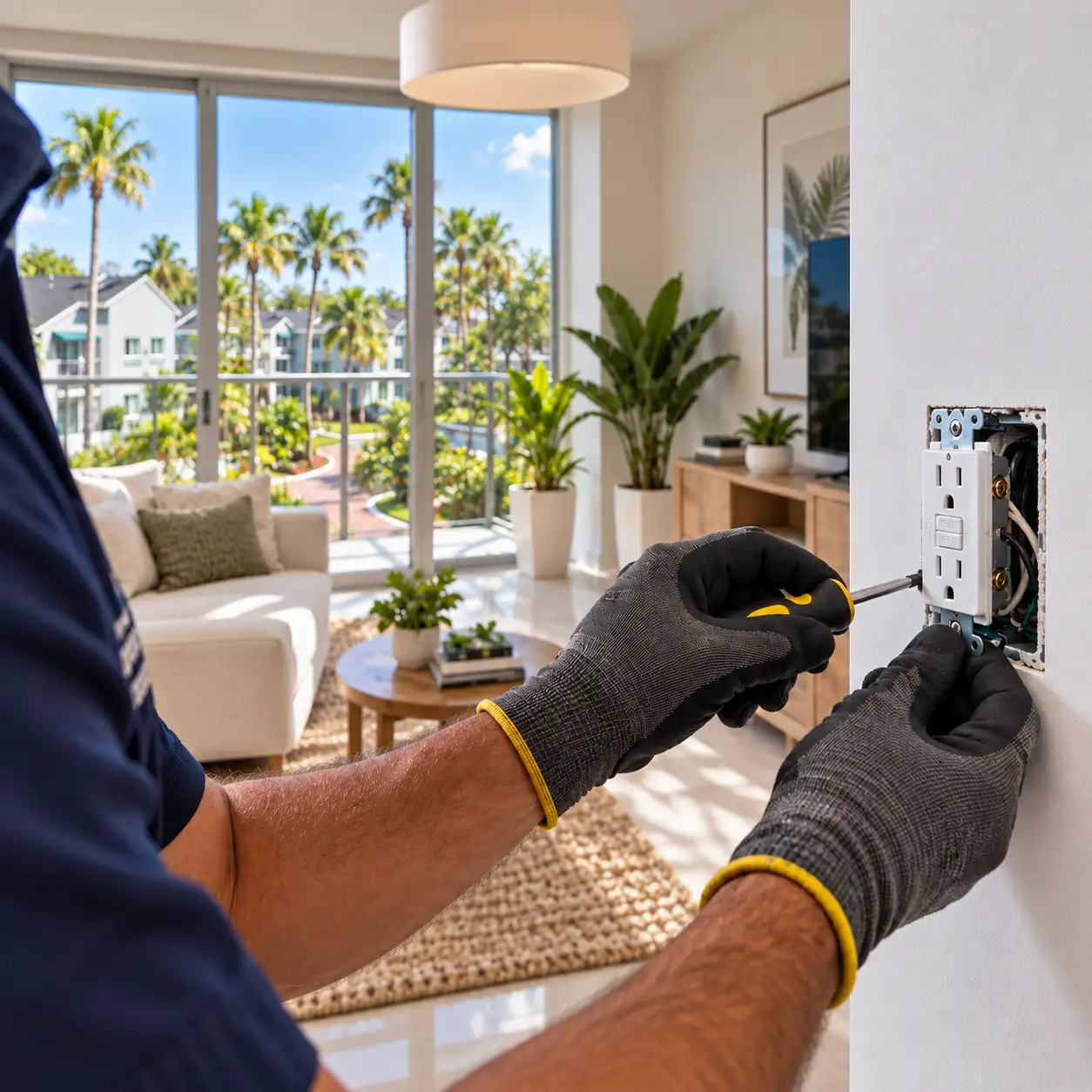 Electrician installing a GFCI outlet in a bright residential living room in Cutler Bay, with a palm-lined neighborhood view through the window.