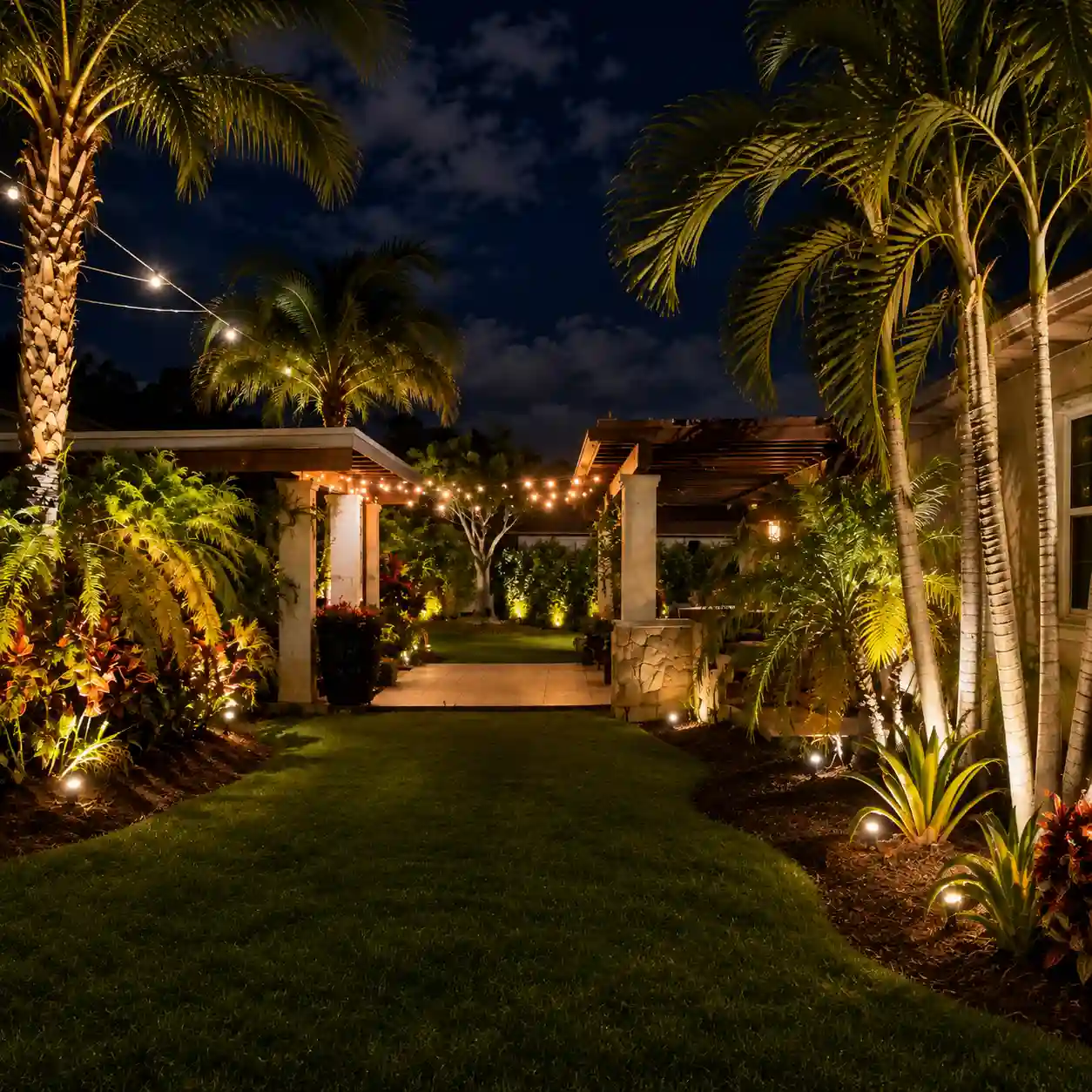 Outdoor lighting installation in Coral Gables with illuminated landscaping