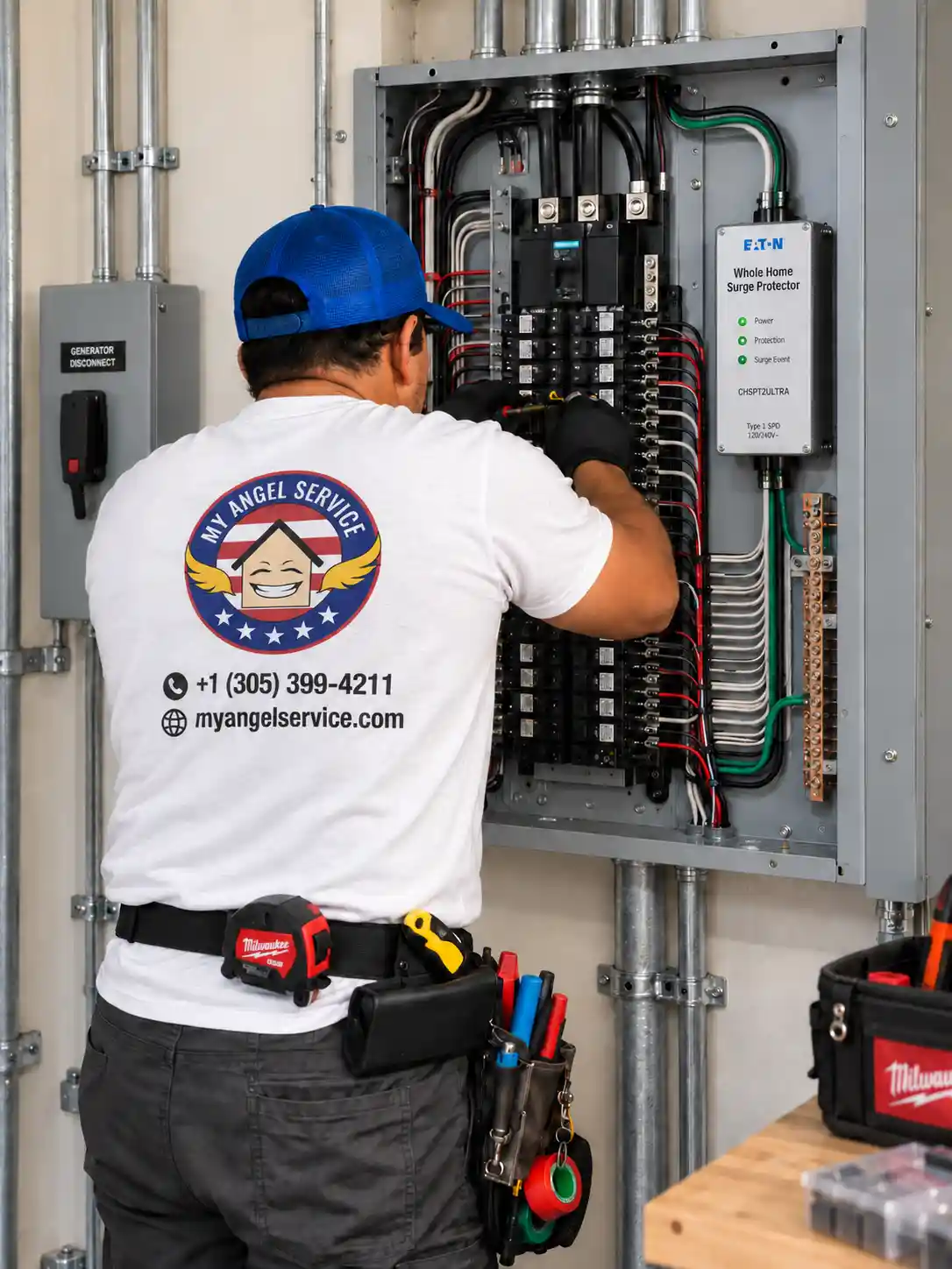 srge protector installation in miami My Angel Service electrician installing a whole house surge protector in an electrical panel in Miami.