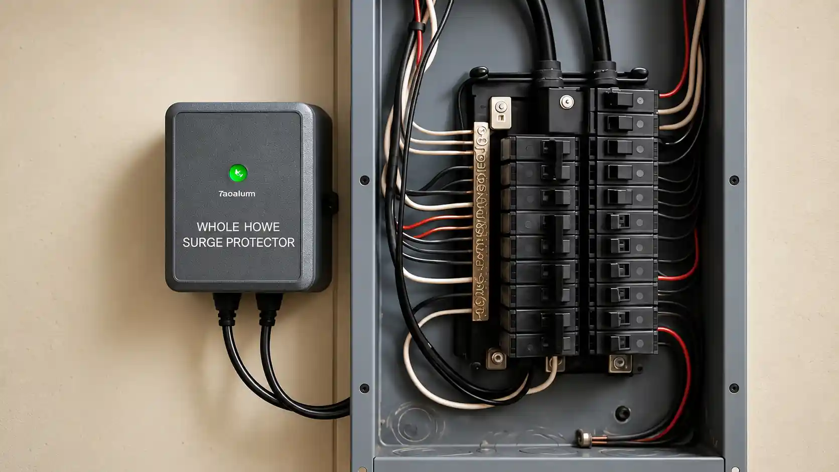 Type 2 surge protector mounted inside a residential electrical panel.