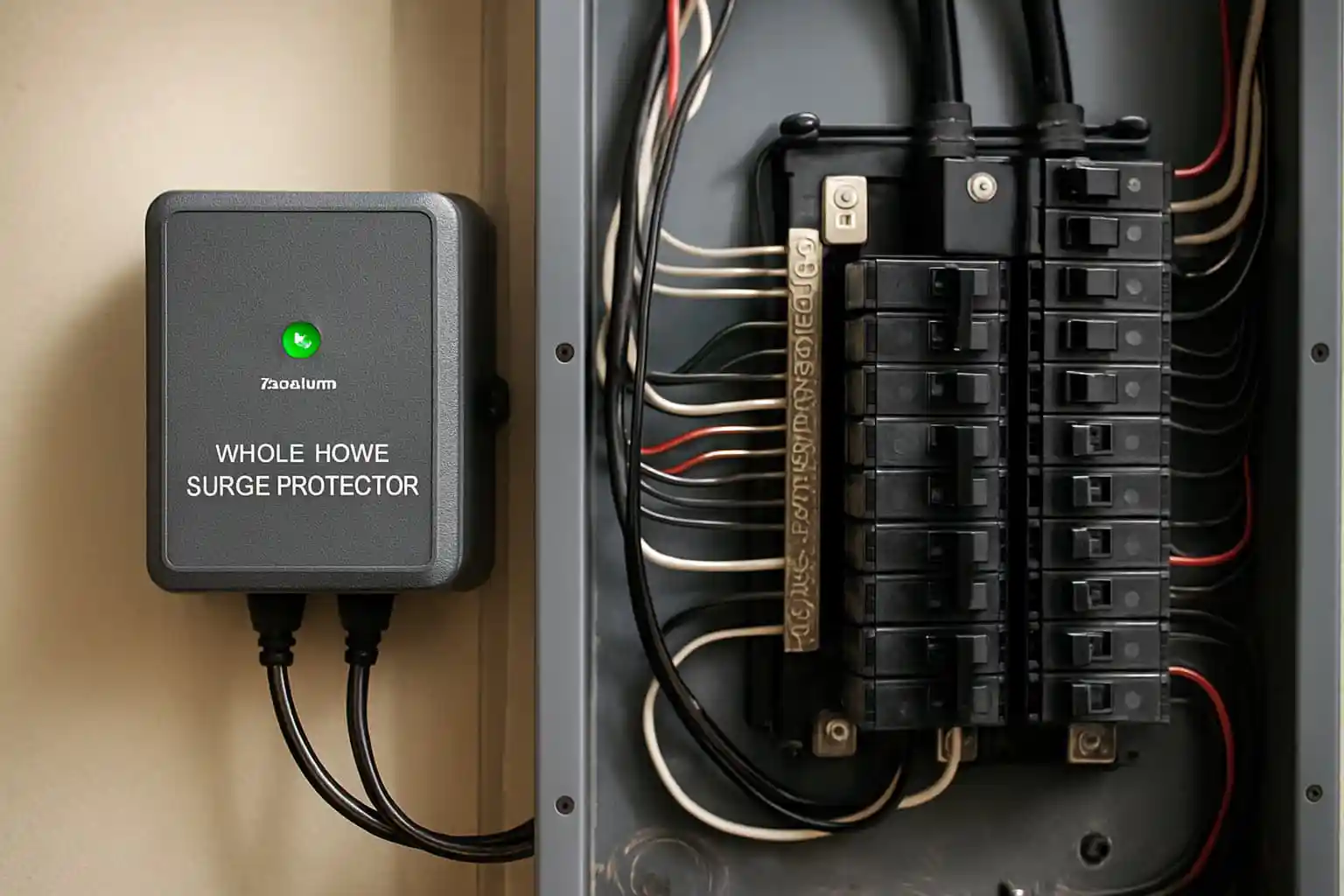 whole-home-surge-protection Type 2 surge protector mounted inside a residential electrical panel.