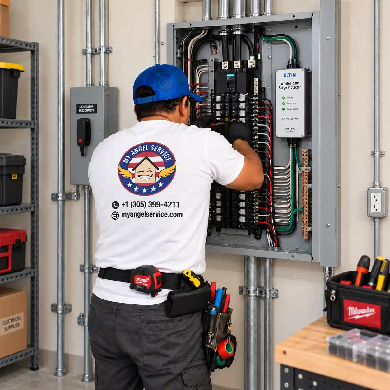 whyole-house surge protector My Angel Service electrician installing a whole house surge protector in an electrical panel in Miami.