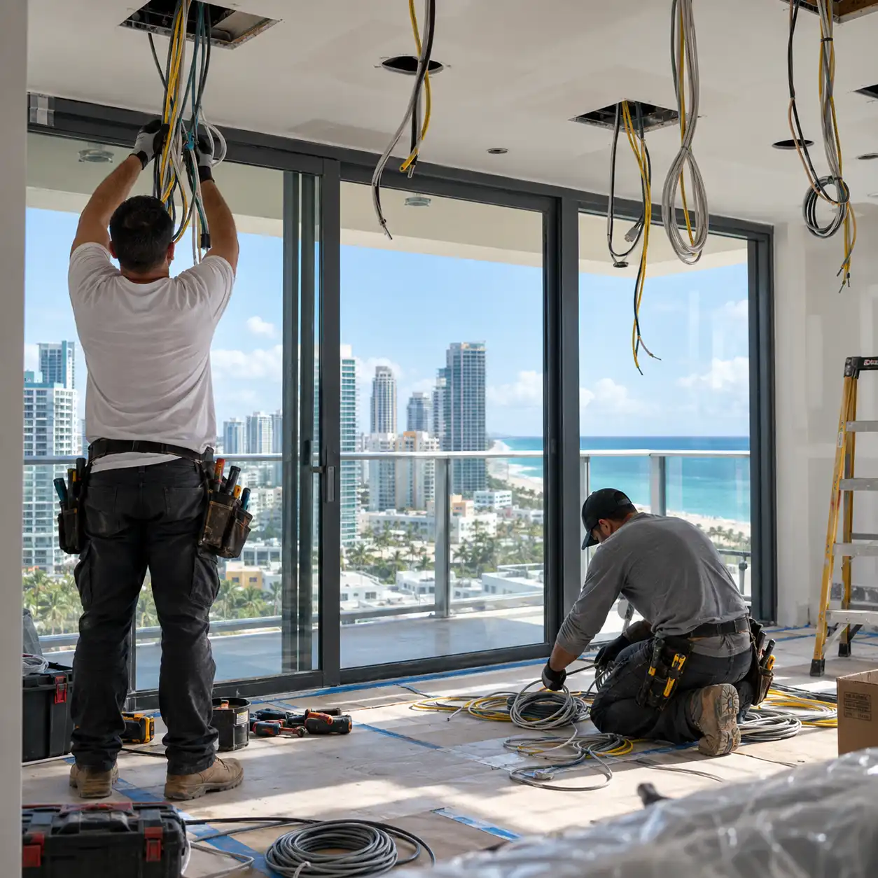 Electricians rewiring a Miami Beach apartment in front of floor-to-ceiling windows, with a balcony and oceanfront skyline view in the background
