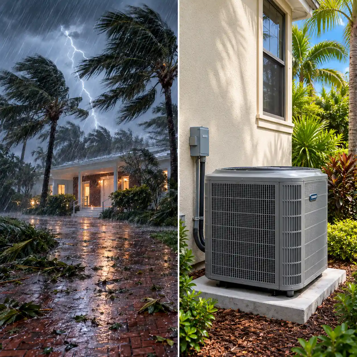 Split-screen image of a South Miami home during a severe storm on one side and a backup generator installed beside the house on the other, highlighting storm preparedness and backup power solutions.