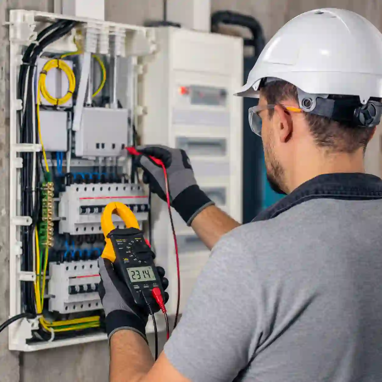 Electrical inspection of an open electrical panel using a digital multimeter.